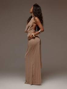 MUSERA Glitter Mesh Brown Cowl Plunge Halterneck Trim Detail Fitted Maxi Dress Spring Summer Holiday Vacation Beach Ibiza Festival Party Elegant Divinity - Yellow - View 4