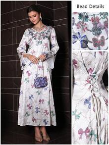 Al Najma Elegant Luxurious V-Neck Beaded Flare Sleeve Dress, Spring/Summer - Multicolor - View 10
