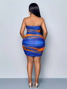 SOLERSUN Gaun Pesta Bodycon Tanpa Tali Motif Marmer Ukuran Plus untuk Wanita (Motif Bunga Acak) - Coral Orange - View 2