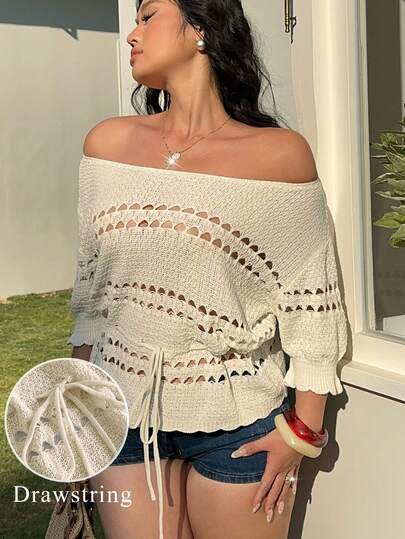 Sunnyshic Women's Casual Simple Elegant Romantic Gentle Daily Commute Street Style Versatile Vacation Picnic Design Sense Top, Young Off-Shoulder Short-Sleeve Drawstring Hollow Out Ruffle Apricot Waist-Defining Plus Size Pullover Outfits Fashion Knit Crochet Sweaters, Spring Summer Knit Top Women Crochet Tops For Women Summer Sweaters For Women Off Shoulder Sweater Summer Tops Women Knit Tops