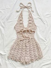 Soleia 女士度假卡其色钩编纹理露背V领金属点缀连体裤，性感沙滩连体裤，适合假日、约会、海滩度假、婚礼、派对、邮轮旅行、城市度假、波西米亚风度假、音乐节、嬉皮风、西部风等场合。 - 卡其色 - 查看 2