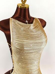 Amplova 女士金色流苏露背吊带交叉绑带流苏金色上衣，性感前卫，适合约会和派对穿着 - 金色 - 查看 9