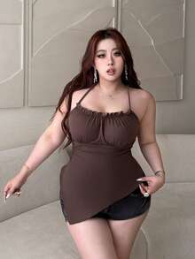 Vibekara Sexy Daily Date Floral Ruffle Irregular Hem Solid Color Plus Size Halter Neck Tank Top For Women - Mocha Brown - View 5