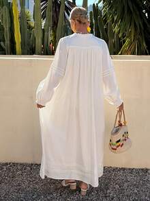 Livesso Spring White Cotton Ruffled Hem Loose Midi Dress For Vacation - White - View 2