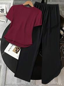 一件式短袖休闲印花春夏少女夏季通勤套装，运动休闲直筒裤，短袖轻便舒适两件套。 - 彩色 - 查看 2