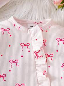 SHEIN 新生儿蝴蝶结印花可爱连体衣配帽子，秋冬季 - 淺粉色 - 查看 6