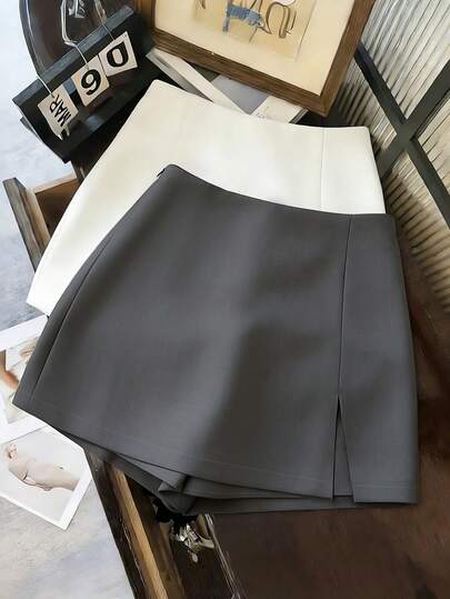 Franclia Multifunctional Textured Soft Fabric High Waist Slit Casual Commuter Shorts, Suitable For Spring, Summer, Autumn And Winter, Grey Plus Size Women