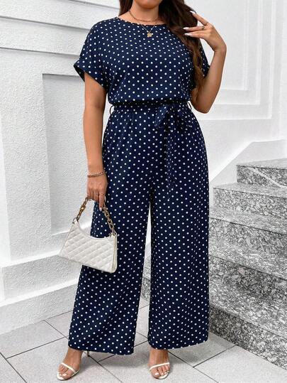 Chikora Plus Size Women's Polka Dot Print Round Neck Batwing Short Sleeve Casual Jumpsuit Summer Summer Outfits  Summer Holiday Outfits Spring Spring Clothing Spring Break Outfits Spring Outfit Valentine's Day Valentine Outfits For Women  Weddings & Events Going Out Outfits