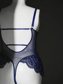 Spicy Aura Macacão Lingerie Plus Size Feminino com Laço, Renda e Contraste de Tule em Cor Sólida - Azul Royal - Visão 11
