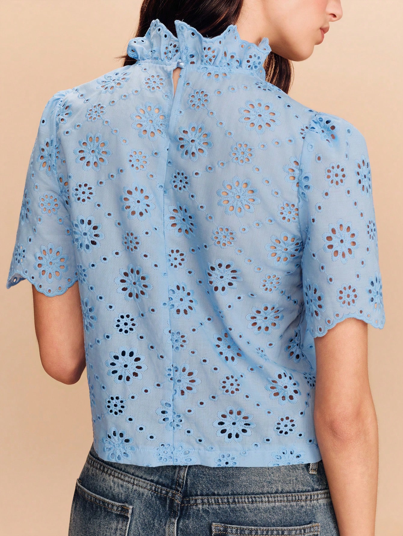 Blue Embroidered Blouse With Cute Ruffle Details Spring Summer Style French Style Parisian Style Office-Wear Going Out