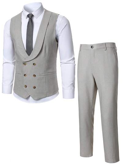 Manfinity Homme Áo vest hai hàng khuy và quần tây ống đứng dành cho nam, trang phục thiết yếu cho công sở.