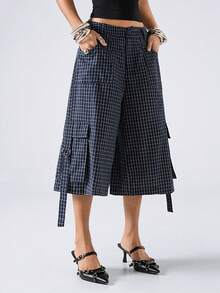 LYSMO 2026 New Arrive Minimalism Spring/Summer Women's Fashion Plaid Cargo Capri Pants,Plain/Casual - Navy Blue - View 5