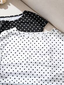 SHEIN 2pcs Girl's And Teen Girls' Cute Black And White Polka Dot Tops,Summer Sleeveless Round Neck Fitted Short Length Wrinkled Side Casual Graduation Set - Black and White - View 3