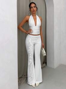 SHEIN Glamour Quần dài nữ màu trắng thanh lịch, dáng ôm, phối ren, xếp ly, thích hợp cho kỳ nghỉ xuân/hè, kỳ nghỉ biển, kỳ nghỉ hè cho nữ, quần ống loe, quần trắng nữ, quần ống rộng màu trắng. - trắng - Xem 3