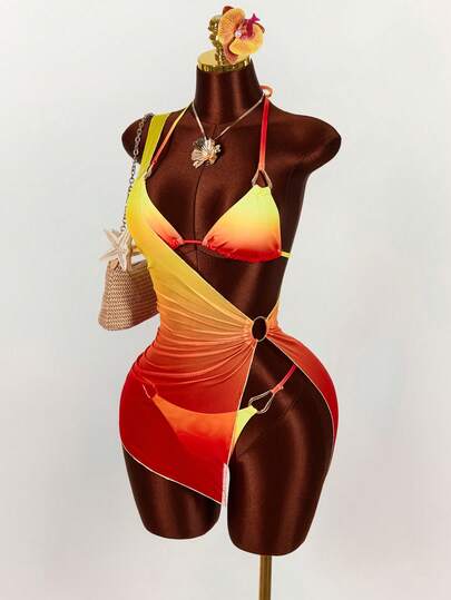 Amplova Women's Tie Dye Printed 3 Pieces Set, Metal Accessories, Sexy Avant-Garde Suitable For Vacation, Asymmetric Shoulder Cover-Up, Cute Innocent Sexy Sheer Summer Clothes Women Swim Yellow Festival