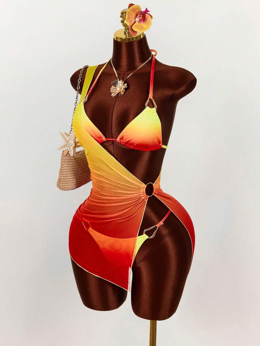女士扎染印花三件套，金属配饰，性感前卫，适合度假，不对称露肩设计，可爱清纯性感透视款 - 彩色 - 查看 1