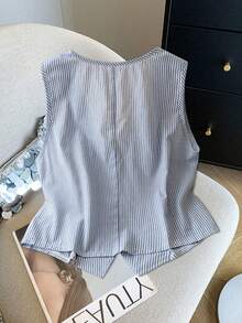 SHEIN LUNE Plus Size Women's Single-Breasted Striped V-Neck Sleeveless Casual Blouse Business Casual Woman Blue And White Stripes Stylish Casual Office Clothing Old Money Style Women Clothing Vacation - Blue and White - View 3