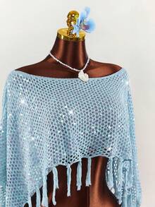Amplova Women's Knitted Fringe Cover Up Top, Asymmetrical Hem Pullover, Sexy & Avant-Garde, Suitable For Holiday Wear, Shiny Blue Summer Clothes Women - Blue - View 6