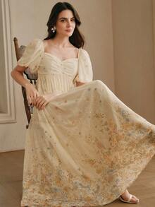 Anewsta Elegant V-Neck Puff Sleeve Embroidered Floral Vacation Dress For Women, Spring/Summer - Apricot - View 3