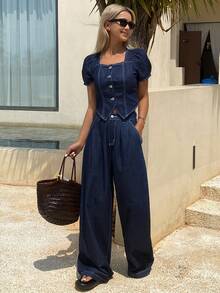 Livesso Conjunto de top de manga corta de cuello redondo y jeans de corte holgado para mujer - Azul - Ver 8