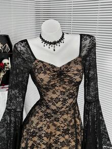 Coolane 女士四季皆宜外出狂欢派对装扮，文艺复兴集市俱乐部派对音乐会装扮，复古哥特Y2K撞色蕾丝喇叭袖迷你连衣裙 - 黑色 - 查看 6