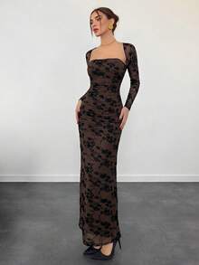 Aloruh Đầm ôm sát dài tay ren xếp tầng, chất liệu nhung jacquard khoét eo, lưới, thích hợp cho nữ mùa Thu/Đông, lãng mạn, hẹn hò, nghỉ dưỡng. - màu nâu - Xem 6