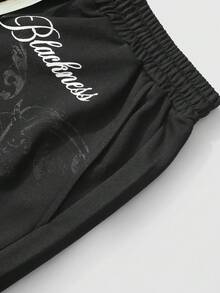 ROMWE MEN 男士休闲交叉印花抽绳腰短裤，夏季 - 黑色 - 查看 5