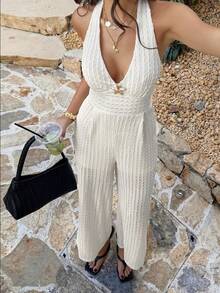 Pariaura Women's Casual And Elegant Apricot Sexy Halter Top+Long Baggy Pants,2Pcs Office Vacation Style Set Suitable For Daily Wear/Vcation/Date/Office Attire/Teacher - Apricot - View 9