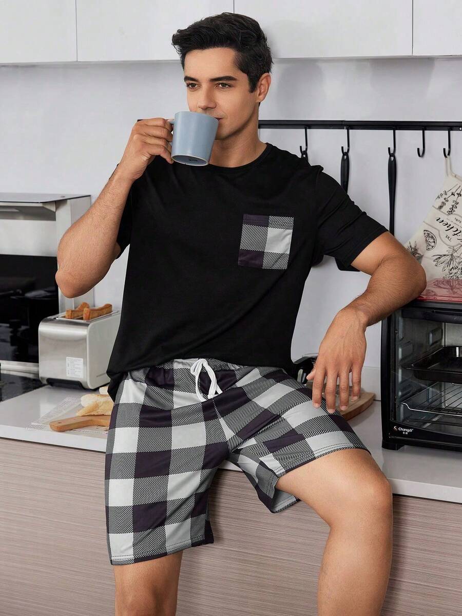 SHEIN Plaid Print Men's Short Sleeve And Shorts Homewear Set - Black and White - View 1