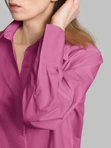 Ontre 2026SS新款女款素色休閒寬鬆度假套裝襯衫、長版襯衫、女款襯衫、女款鈕扣襯衫、通勤、夏季商務休閒度假海灘生日派對穿搭、女教師穿搭、火龍果色襯衫、女款辦公穿著 - 紫色 - 查看 9