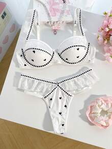 PetitDoll Conjunto de lencería para mujer con estampado de corazón para el Día de San Valentín, sujetador con aros y tirantes con volantes, conjunto de 2 piezas de pantalones - Blanco - Ver 6