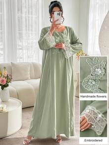 Graceveil Vestido elegante y modesto de manga larga con cuello redondo, aplicaciones y vuelo, de estilo casual y holgado - Verde - Ver 2