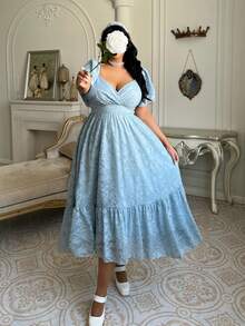 Lyrianda 新款春夏蓝色雪纺镂空优雅百搭收腰V领性感时尚连衣裙 - 綠色 - 查看 6