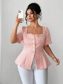 Elenzga Plus Size Women's Spring/Summer French Romantic Sicily Elegant Casual Commute Vacation Afternoon Tea Valentine's Day Party Solid Pink Jacquard Fabric Square Collar Frill Trim Open Front Pearl Button Decor Waist Flare Short Sleeve Blouse Cute Blouses For Women Women Tops Elegant Blouses Square Neck Blouse - Baby Pink - View 5