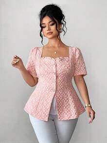 Elenzga Plus Size Women's Spring/Summer French Romantic Sicily Elegant Casual Commute Vacation Afternoon Tea Valentine's Day Party Solid Pink Jacquard Fabric Square Collar Frill Trim Open Front Pearl Button Decor Waist Flare Short Sleeve Blouse Cute Blouses For Women Women Tops Elegant Blouses Square Neck Blouse - Baby Pink - View 6