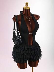 Amplova Sexy Black Lace Sheer Jumpsuit For Women - Black - View 4