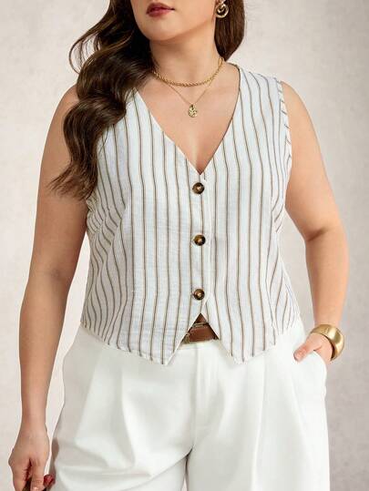Zelara Camisa de chaleco de mujer talla grande con cuello en V a rayas y abotonadura sencilla