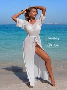 Swim Vcay Women's Casual Drawstring Waist Beach Cover-Up With Metal Coconut Tree Pendant Decor, Spring/Summer - White - View 2