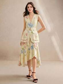 Conjunto de 2 piezas de Anewsta de chaqueta sin mangas con estampado floral grande y falda con volantes en el bajo, elegante y casual de moda para mujer - Amarillo claro - Ver 4