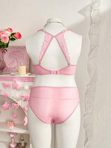 Conjunto de lencería sexy de 2 piezas con parches de encaje rosa para el Día de San Valentín - Rosa - Ver 2