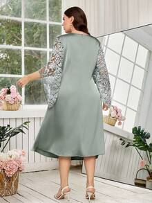Reflora Đầm thanh lịch dành cho nữ cỡ lớn, phối lưới jacquard, tay loe, eo nhún. - màu xanh lá - Xem 8