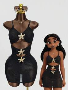 Vaytide Đầm đi biển dáng suông thanh lịch màu trơn họa tiết sao biển dành cho nữ. - màu đen - Xem 4