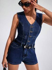 SHEIN Essnce 女式休闲纽扣口袋牛仔连体裤 - 深色水洗藍 - 查看 4