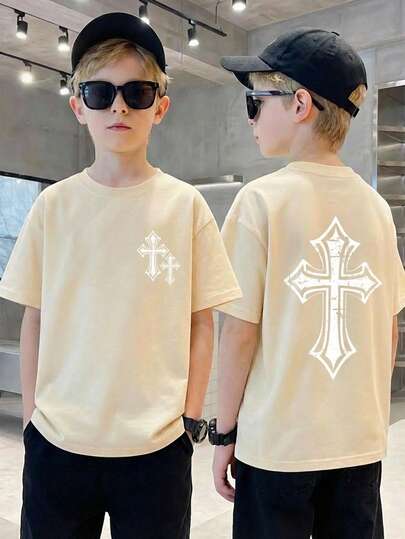 Camiseta de manga corta con cuello redondo y estampado minimalista de cruz, estilo elegante para niño preadolescente, adecuada para festivales, fiestas, cómoda y ligera para uso casual en primavera/verano, ideal para exteriores, fotografía callejera, campus, vacaciones y regalos