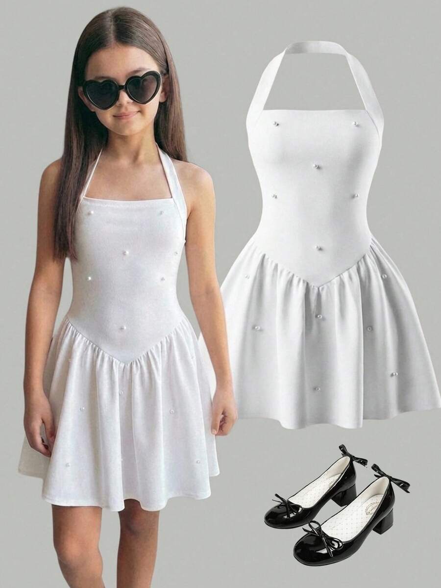 SHEIN Girlism 少女休闲优雅白色串珠针织吊带修身A字迷你连衣裙，收腰设计，适合情人节派对、外出、返校等场合穿着 - 白色 - 查看 1