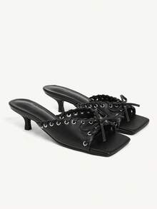 CUCCOO CHICEST 女士夏季凉鞋，玉米带蝴蝶结方头猫跟细高跟黑色凉鞋，户外优雅鞋款 - 黑色 - 查看 9