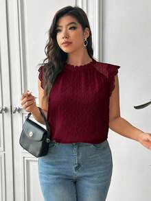 SHEIN Frenchy Plus Size Elegant Swiss Polka Dot Ruffle Hem Blouse, Summer - Burgundy - View 4