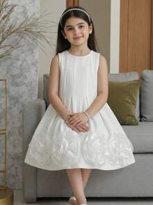 SHEIN Young Girl Woven Solid Color Round Neck Sleeveless Ruffle Hem Casual Dress Young Girl Dress Ivory Kids Dress Flower Girl Dress Sleeveless Dress White Elegant Dress,Kids - White - View 4