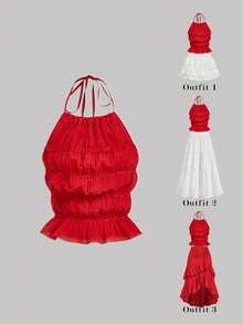 SHEIN MOD Shirred Red Halter Sleeveless Backless Crop Top.Red Halter Neck Top Ruffled Pleated Layers Elegant Sleeveless Soft Touch Artistic Lightweight Summer Sheer Finish Flowing Delicate Feminine Romantic Textured Boho Inspired Chic Airy Graceful Classic - Red - View 1