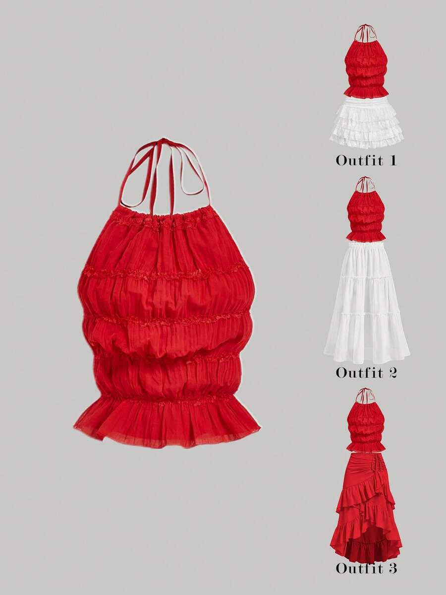 SHEIN MOD Shirred Red Halter Sleeveless Backless Crop Top.Red Halter Neck Top Ruffled Pleated Layers Elegant Sleeveless Soft Touch Artistic Lightweight Summer Sheer Finish Flowing Delicate Feminine Romantic Textured Boho Inspired Chic Airy Graceful Classic - Red - View 1